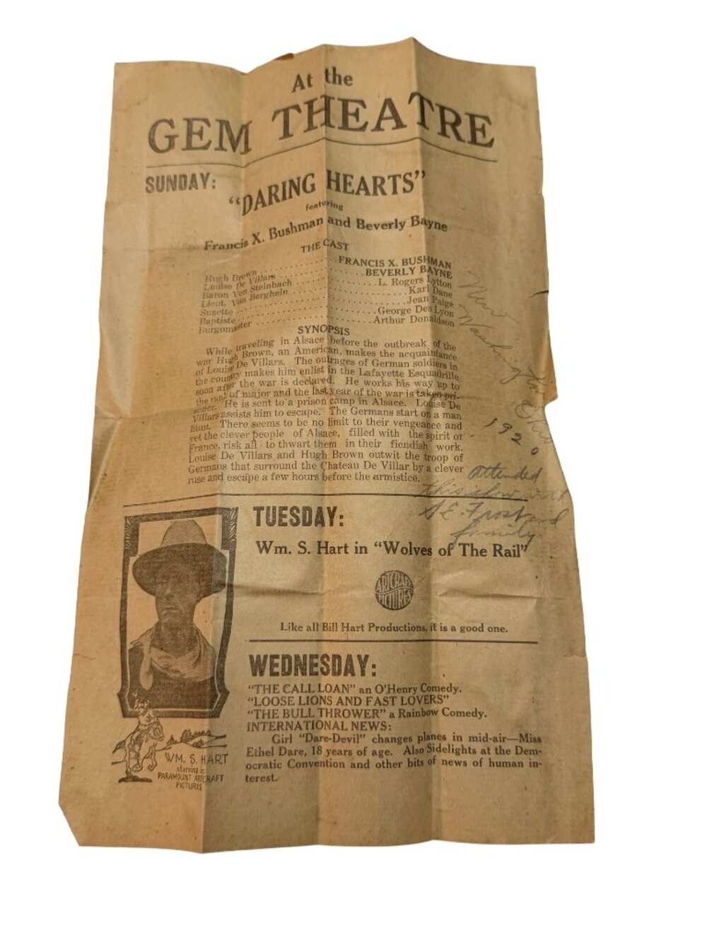1920 New Washington Ohio Gem Theatre Daring Hearts Lost Silent Film Handbill